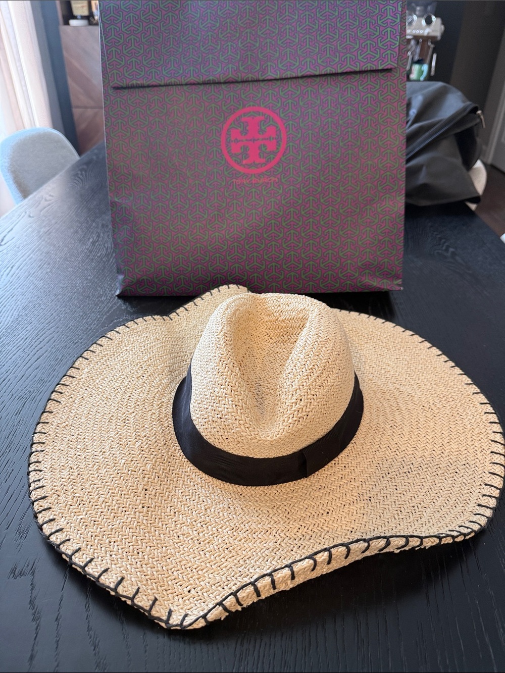 Tory Burch Natural Straw Wide-Brim Hat with Black Trim